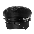 Schwarze Punk-Lederkappe im Newsboy-Stil mit silbernen Metallspikes und Nieten-Details - Langer Niet-Stil