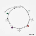 Zweilagiges Silberarmband mit bunten Perlen und vierblättrigen Blumenanhängern - Silbernes Kreuz Doppellagiges Fußkettchen (JAP454)