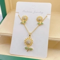 Detailed view of gold sunflower jewelry set with green crystals in a premium gift box - Gold Sunflower Set (C)