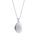 Silver oval stainless steel locket necklace with starburst engraving and thin link chain - Silver Sun