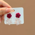 Orecchini a perno con rosa rossa floccata, perline di cristallo rosa e argento S925 - E2756-8 Rosa Floccata Rossa Perla di Cristallo Stile