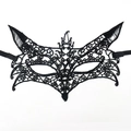 Intricate black lace masquerade mask with fox and bat features and silk ribbons - Wolf Head