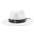 Detail of white straw fedora featuring a black leather band with sunburst metal buckle - M (56-58cm) / White
