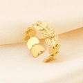 Anello regolabile in acciaio inossidabile dorato con motivo a foglie di alloro - Stile a forma di foglia oro (KR107847-KFC)