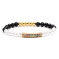 Pulsera de cuentas de ágata negra y perlas con tubo dorado con circonitas de colores - Estilo De Diamante De Color De Material Mixto / Negro Brillante+Perla De Imitación+Dorado Cobre