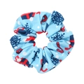Detail of light blue Christmas scrunchie featuring gift boxes and candy cane patterns - Sky Blue