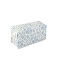 Floral quilted makeup bag in white with blue flowers and golden zipper closure - White Base Blue Orchid