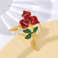 Golden rose napkin ring with red enamel flower and green rhinestones on white fabric - Z1128-4 (Rhinestone Red Flower Green Leaf)