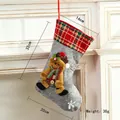 Grey linen Christmas stocking with gingerbread bear and red plaid trim, 32cm height - Medium Linen Reindeer Style
