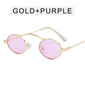 Retro oval sunglasses with golden metal frame and purple ocean lenses in 45-degree view - Gold Frame Purple Lens