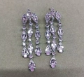Elegant long tassel earrings with pink zircons in silver-tone setting for women - Silver-Pink