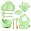 Light green silicone baby feeding set with divided plate, suction bowl, bib and straw cup - Full Tableware Set (Light Green/Y3)