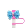 Detailed view of pink silicone straw cover with a sparkling blue rhinestone bow topper - Blue Bowknot