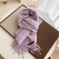Purple double-sided cashmere-like winter scarf with fringes and minimalist brand tag - 200*70cm / Purple + Off White