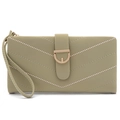 Detail of olive green long wallet featuring V-quilted faux leather and a D-shaped buckle - Green