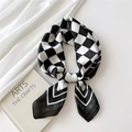 Elegant black and white checkerboard silk square scarf with satin finish and polka dot edge - Small Bubble Black White Plaid