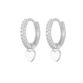 Detail of silver hoop earring with small diamonds and white heart oil drop pendant - Silver - White