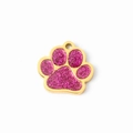 Golden paw-shaped pet tag with purple glitter inlay and stainless steel DIY design - Bright Pink