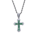 Punk silver cross necklace featuring a square green gemstone and twisted rope chain - White & Green Stones (With 61cm Chain)