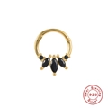 Close-up of gold S925 sterling silver septum ring with five black marquise-cut stones - Black Single Piece