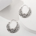 Vintage hollow silver hoop earrings with ornate geometric filigree patterns - Antique Silver (7923)