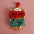 Handmade crochet big mouth monster key cover in brown and red with metal keychain - Monkey Wool Style
