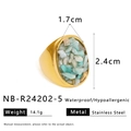 Detail showing 14.1g gold stainless steel ring with blue natural stone and dimensions - Cyan Large Face Stone Chip Ring (NB-R24202-5)