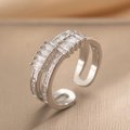 Elegant double-layer silver open ring with micro-set rectangular zircons for women - Adjustable Open / Steel