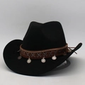 Black felt cowboy hat with ethnic patterned band and hanging silver coin pendants - Black