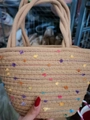 Khaki hand-woven cotton rope tote bag with colorful plush tufts and double rope handles - Khaki Pom Pom