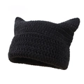 Handgefertigte schwarze Häkelmütze mit Katzenohren und dicker Strickstruktur - Einheitsgröße / Schwarz