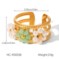 Detailed view of bohemian gold ring with pearl and green crystal petals including dimensions - Green Flower Pearl Style (HC-R30536)