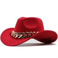 Red wool felt fedora with gold chain trim and vintage curved brim for men and women - M(56-58cm) / Red