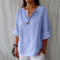 Camicetta donna in cotone lino azzurro con scollo a V, maniche a 3/4 e bottone marrone - Azzurro Chiaro 8001# / 3XL