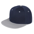Close-up of navy and grey contrast snapback hat with flat brim and 6-panel structure - Light Grey Brim and Navy