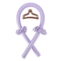 Detail view of lavender satin heatless hair curler set with matching scrunchies and clear clip - Dreamy Purple