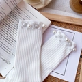White cotton mid-calf socks with elegant pearl and rhinestone studs for women - One Size (EU 34-39) / White