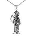 Ciondolo gotico Santa Muerte in acciaio inossidabile con falce e catena su sfondo bianco - Color Acciaio