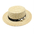 Cappello di paglia a testa piatta con eleganti perle e fiori su nastro nero - Stile Decorativo con Perle e Piccoli Fiori (02) / 02