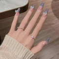 Sparkly mauve cat-eye press-on nails with 3D bow accent and gold gemstone rings - Grey Purple Cat Eye 3D Butterfly (N5086)