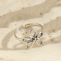 Anello vintage in argento con fiore traforato e fascia aperta regolabile da donna - Anello Fiore a Cinque Petali