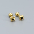 Gold star-shaped sterling silver stud earrings with black round stone and screw backs - Golden (Black Stone)