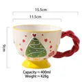 Ceramic Christmas mug with green tree pattern, red twisted handle and yellow base - Christmas Tree Green - Red Handle