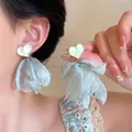 Light green heart-shaped resin stud earrings with large tulle flower tassels and soft finish - Light Green Tulle Large Flower (3#)