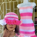 Handmade crochet beach set featuring striped sun hat and dress in pink and white - Adult Free Size / Pink White (Hat, Dress)