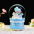 Blue Little Twin Stars music box crystal ball with Kiki riding a unicorn on cloud base - 8522 Blue Base / Large 100mm Snow + Light