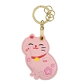 Porte-clés chat porte-bonheur rose en similicuir avec crochet en métal doré élégant - Chat aux Fleurs de Pêcher