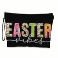 Black Easter Vibes makeup bag with colorful floral lettering and zip closure for travel - Black Background Floral Letters Easter Vibes