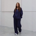 Two-piece navy blue tracksuit with half-zip sweatshirt and wide-leg jogger pants - S / Navy Blue