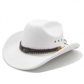 White felt cowboy hat featuring a braided brown band with a Hamsa Hand metal pendant - M (56-58cm) / White